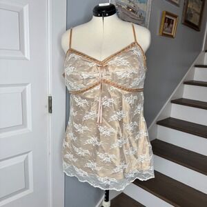 Y2K GEORGE Ladies XL 16 18 Sheer Lace Camisole Tank Top Champagne Gold Ribbon